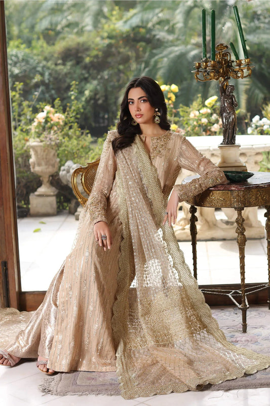 Model in Musferah Saad ENCHANT√â dress, Eid ‚Äò24 collection, exquisite Pakistani attire, UK delivery.