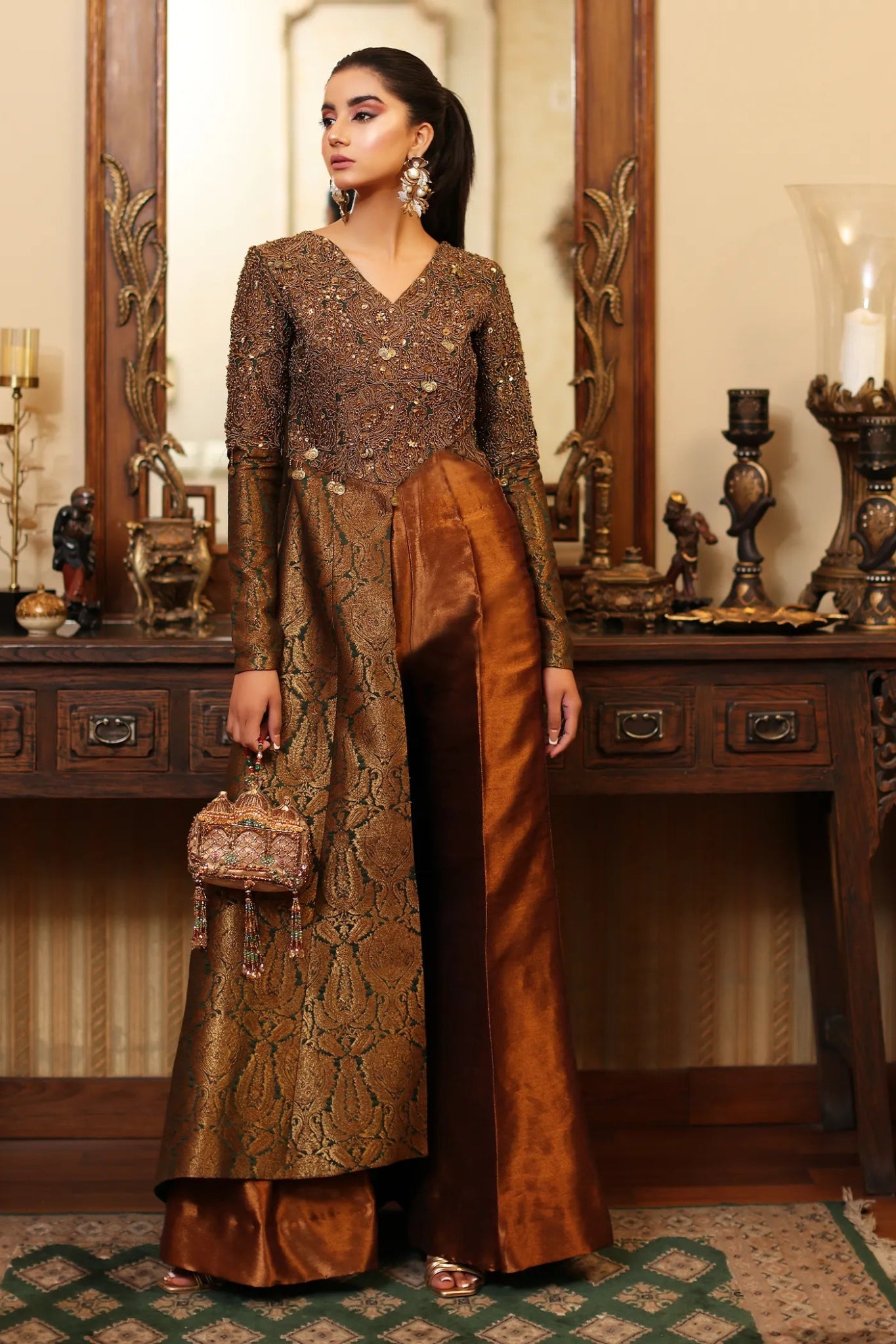 Model in Musferah Saad's ENCHANTED MAJESTY dress, luxe Pakistani fashion, UK collection.