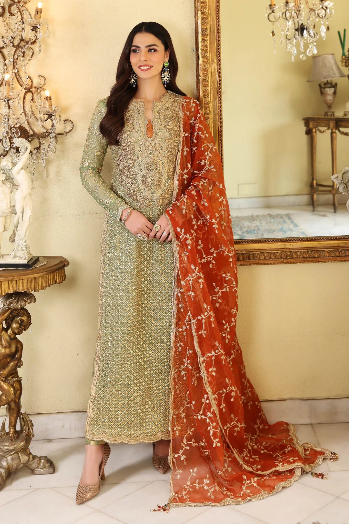 Model in Musferah Saad's JADE ELEGANCE dress, a fine Pakistani ensemble, UK collection.