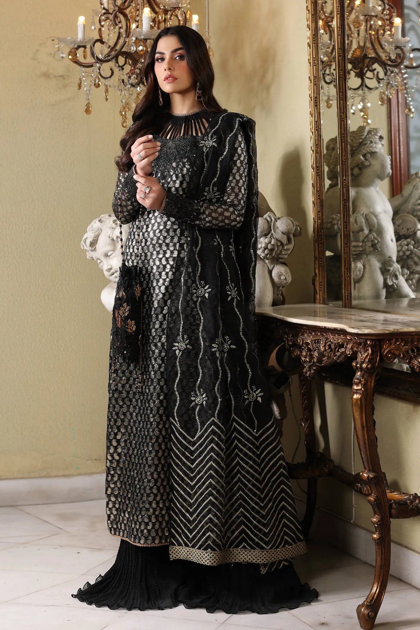 Model wearing Gulaal Meherma Wedding Formals CHAMELI EMBROIDERED NET 3 - PIECE SUIT WS - 10, Pakistani clothes online in UK.