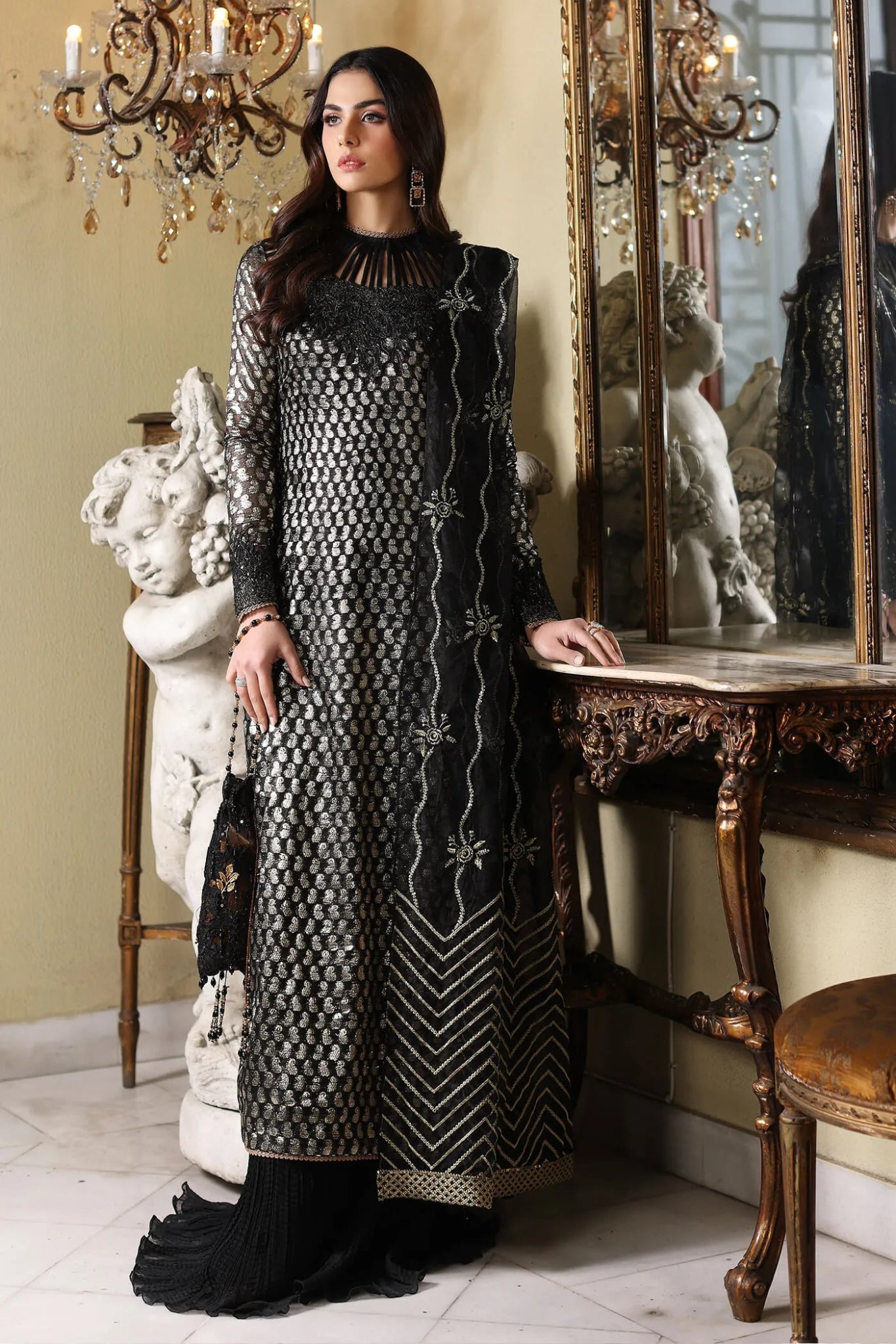 Model wearing Gulaal Meherma Wedding Formals CHAMELI EMBROIDERED NET 3 - PIECE SUIT WS - 10, Pakistani clothes online in UK.