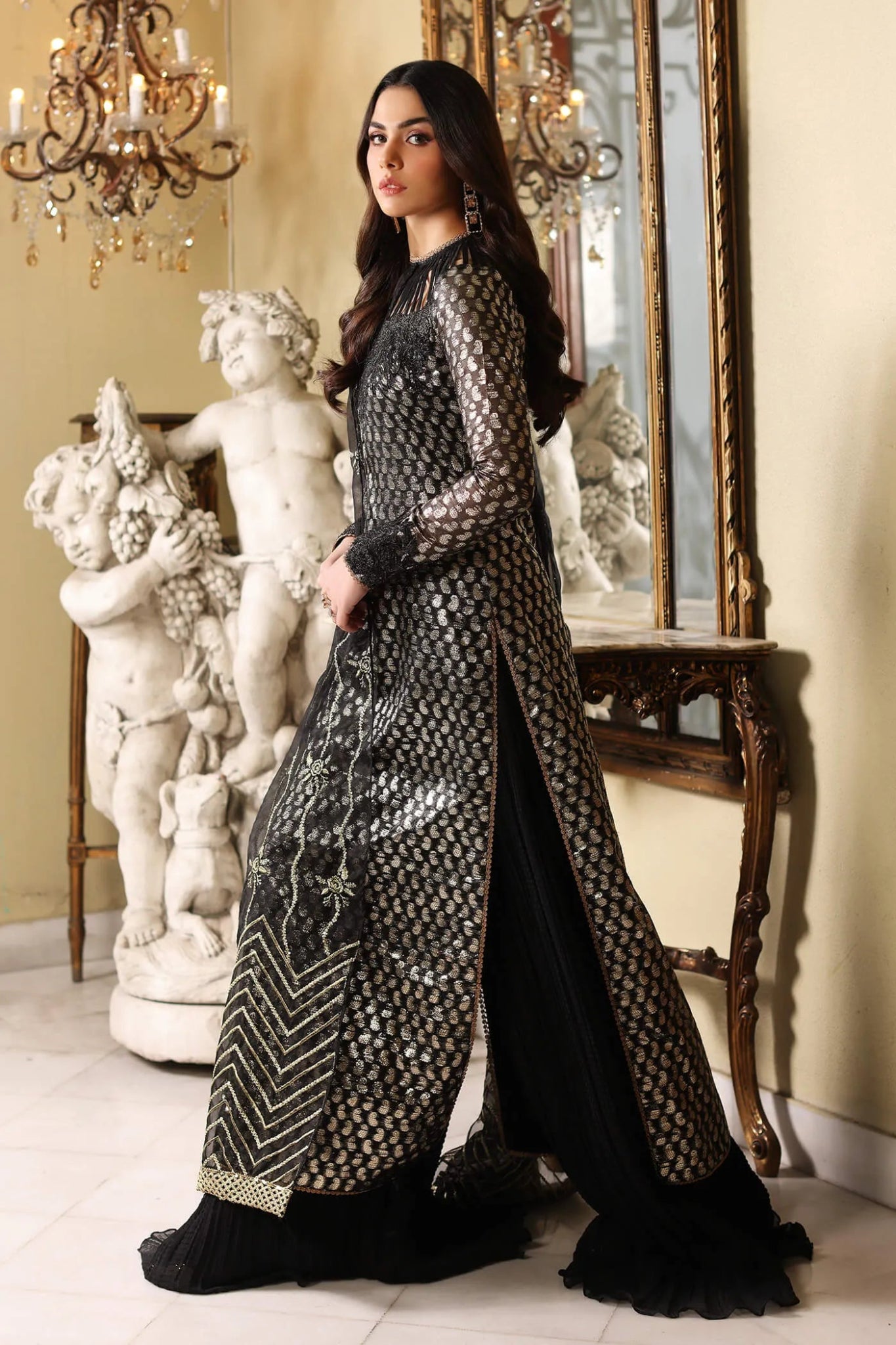 Model wearing Gulaal Meherma Wedding Formals CHAMELI EMBROIDERED NET 3 - PIECE SUIT WS - 10, Pakistani clothes online in UK.