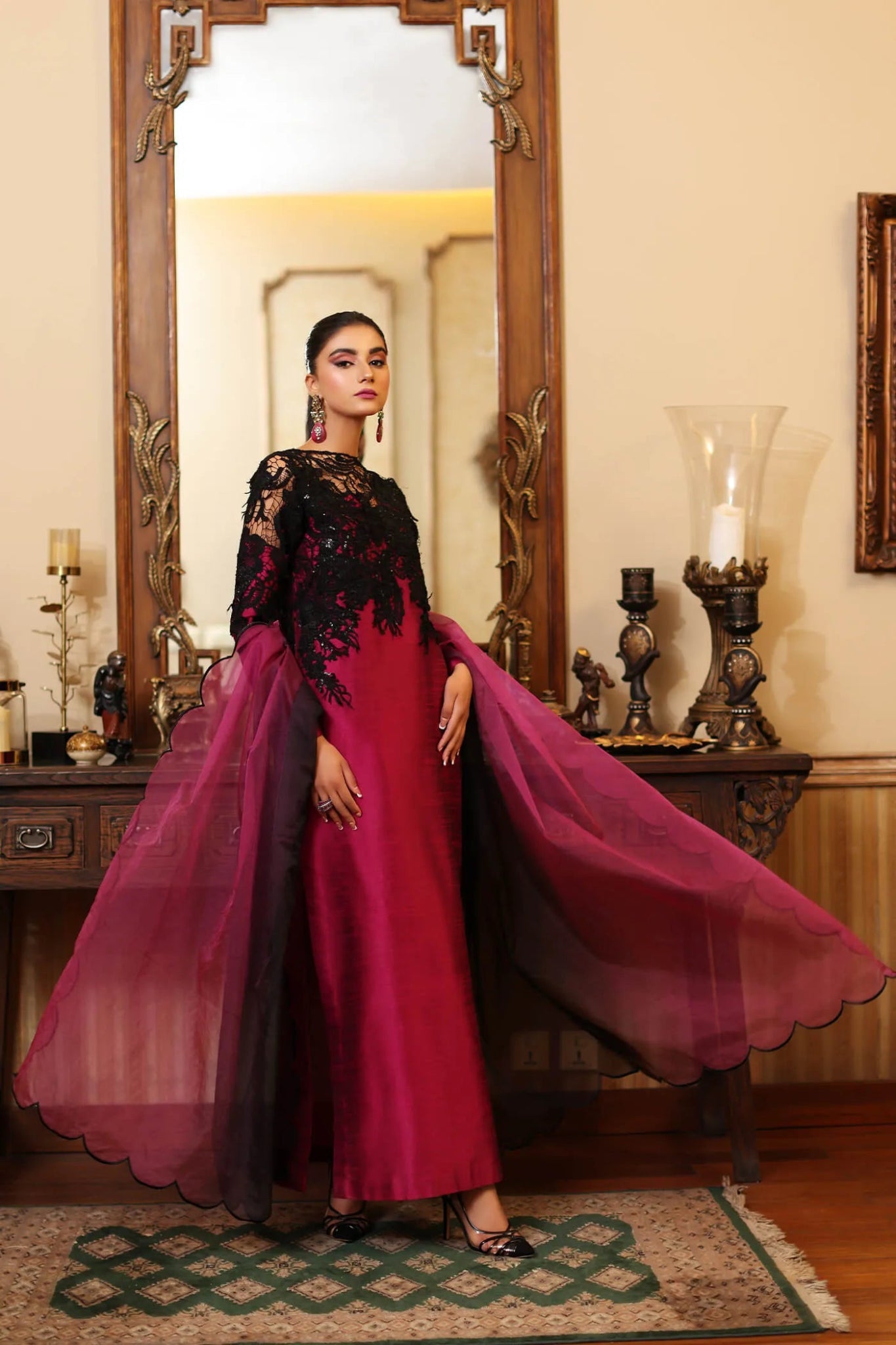 Model in ROYAL ONYX dress by Musferah Saad, Eid '24 collection, luxurious Pakistani fashion, UK.