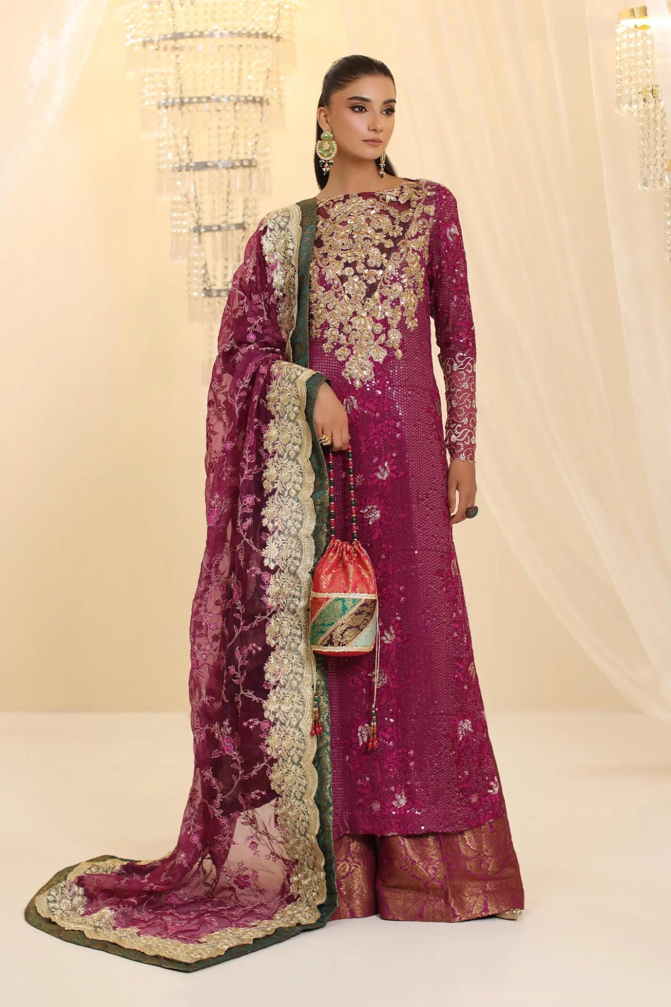 Model wearing Musferah Saad Amethyst Allure dress in rich purple from the Ethereal Dream Formals collection, perfect for Pakistani wedding clothes online in the UK.