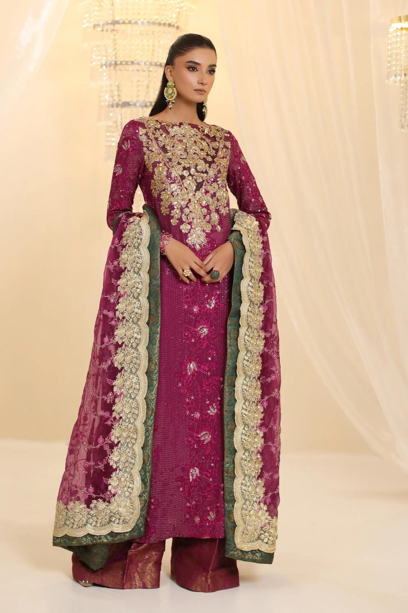 Model wearing Musferah Saad Amethyst Allure dress in rich purple from the Ethereal Dream Formals collection, perfect for Pakistani wedding clothes online in the UK.