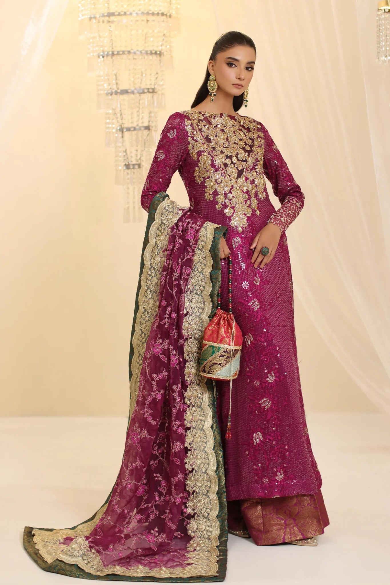 Model wearing Musferah Saad Amethyst Allure dress in rich purple from the Ethereal Dream Formals collection, perfect for Pakistani wedding clothes online in the UK.