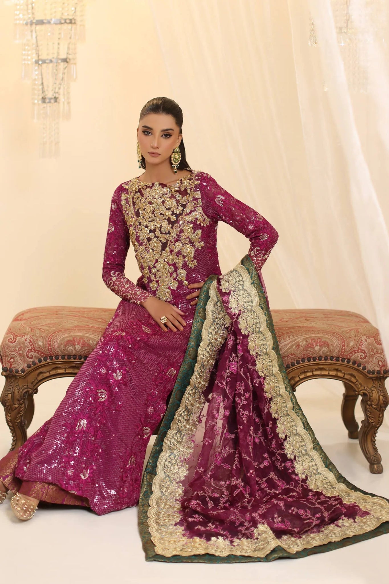 Model wearing Musferah Saad Amethyst Allure dress in rich purple from the Ethereal Dream Formals collection, perfect for Pakistani wedding clothes online in the UK.