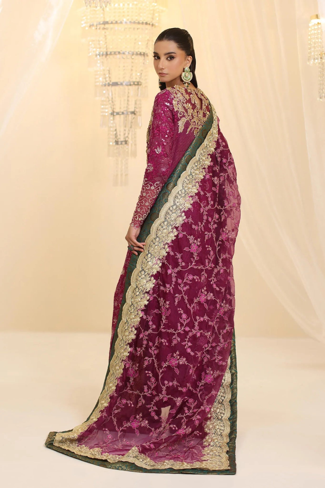 Model wearing Musferah Saad Amethyst Allure dress in rich purple from the Ethereal Dream Formals collection, perfect for Pakistani wedding clothes online in the UK.