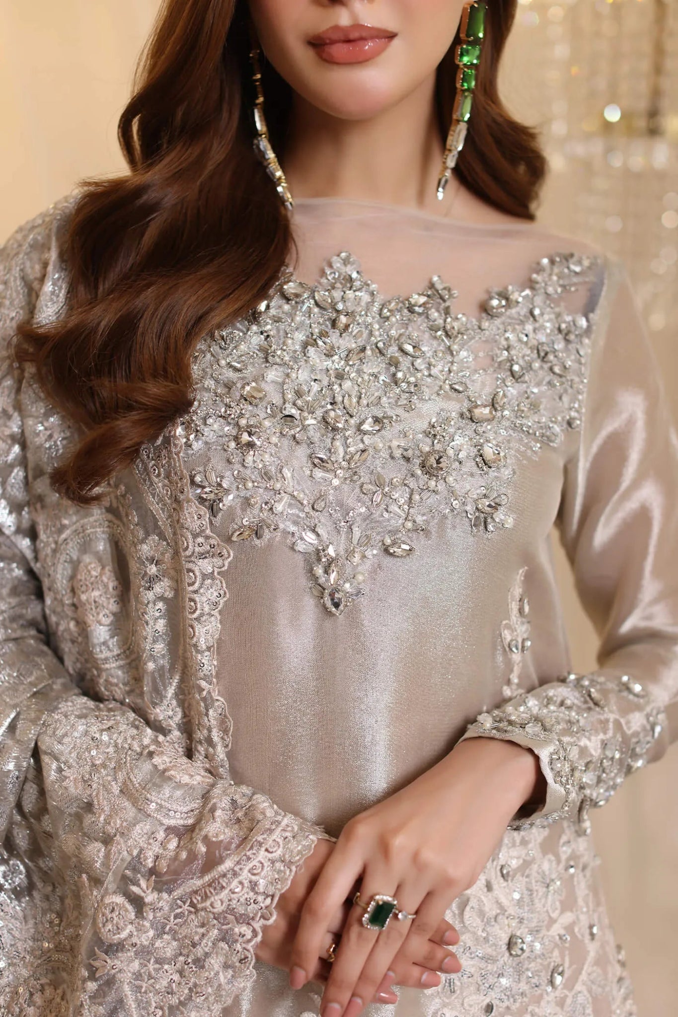 Model wearing Musferah Saad Lunar Radiance dress in silver from the Ethereal Dream Formals collection, perfect for Pakistani wedding clothes online in the UK.