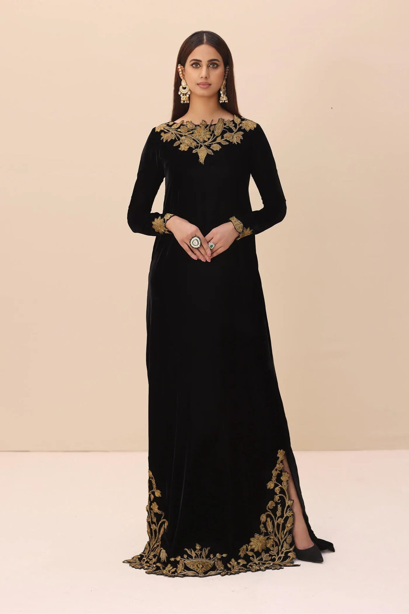 Model wearing a black ROYAL MOONSTONE SHAWL dress from Musferah Saad's Ethereal Embrace Shawl Collection '23, highlighting Pakistani clothes online in the UK.