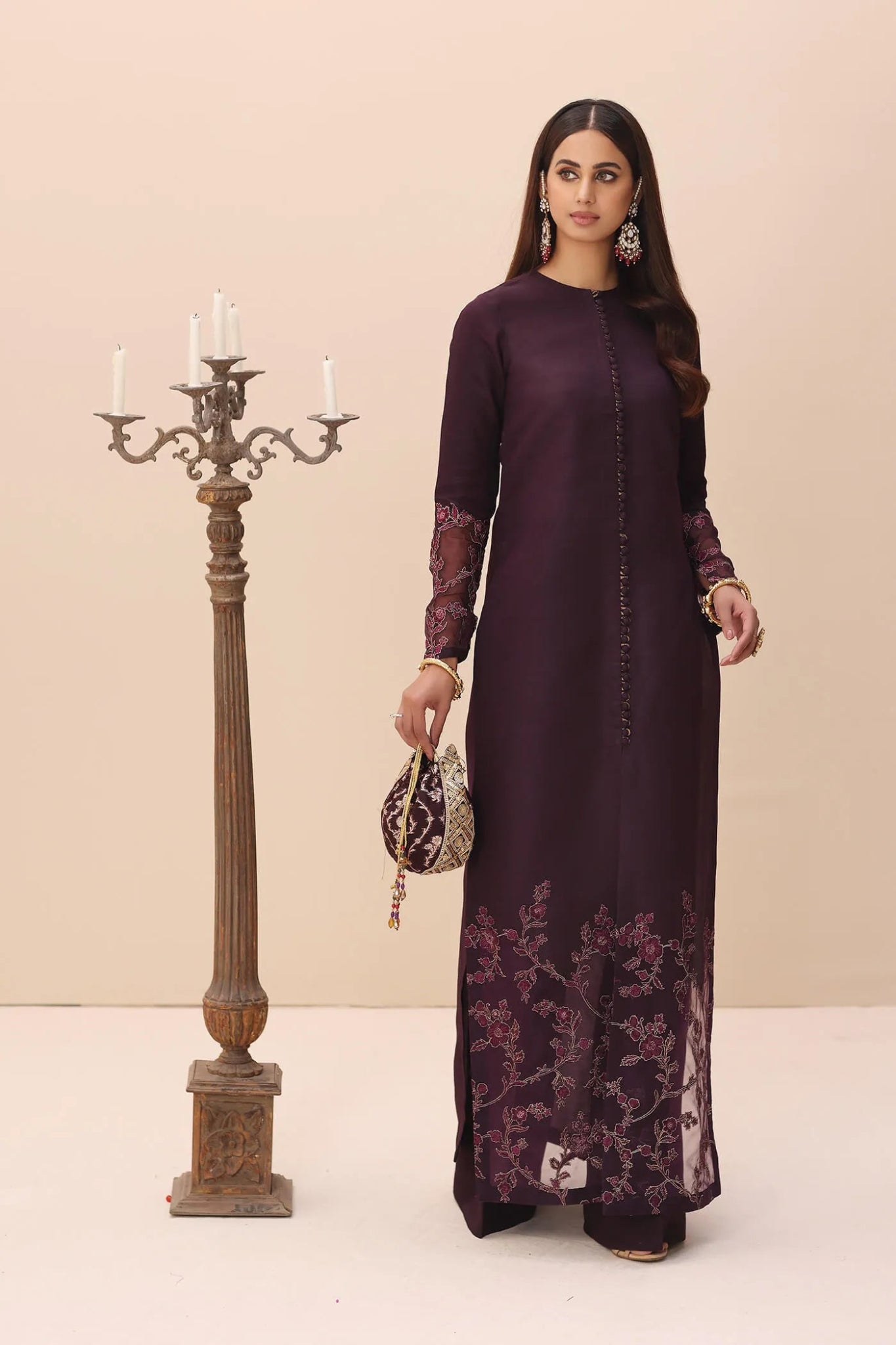 Model wearing a deep purple ROYAL REGALIA SHAWL dress from Musferah Saad's Ethereal Embrace Shawl Collection '23, highlighting Pakistani clothes online in the UK.