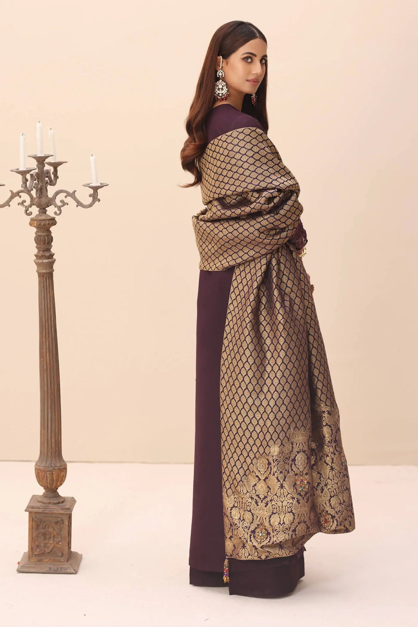 Model wearing a deep purple ROYAL REGALIA SHAWL dress from Musferah Saad's Ethereal Embrace Shawl Collection '23, highlighting Pakistani clothes online in the UK.