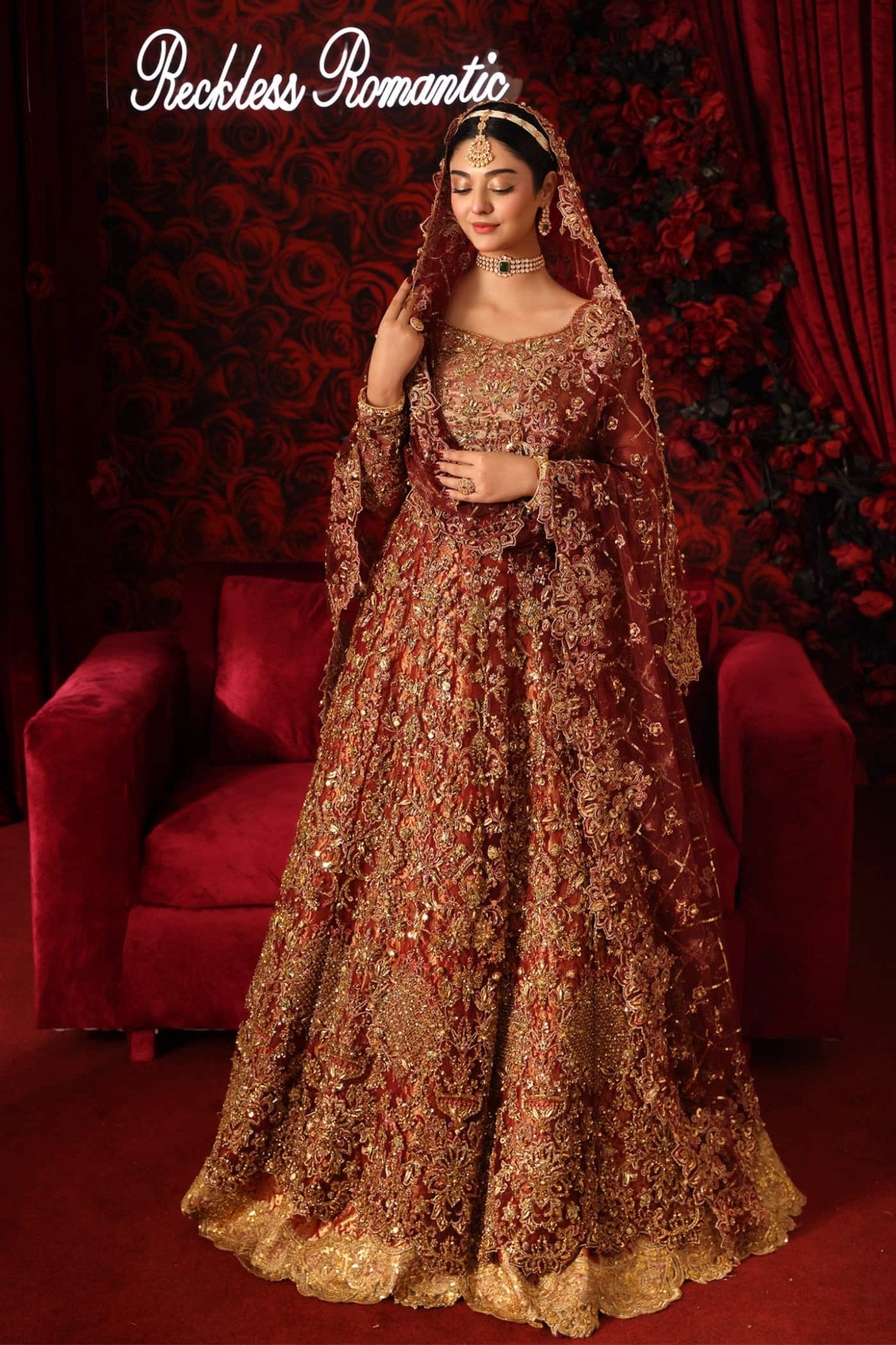 Model wearing Reckless Romance from Musferah Saad's Reckless Romantic in elegant pastel shades. Pakistani clothes online in UK at Signature Labels