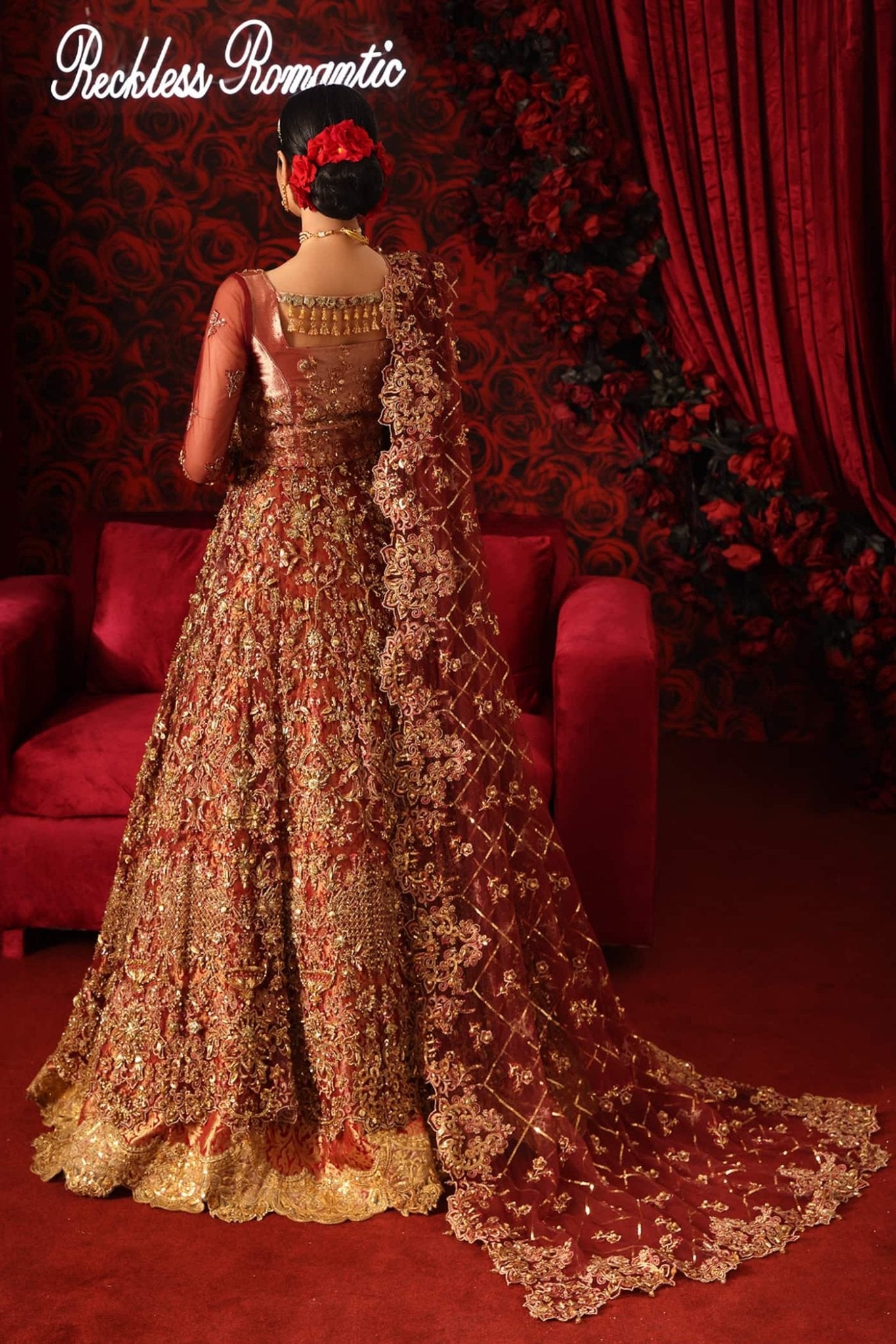 Model wearing Reckless Romance from Musferah Saad's Reckless Romantic in elegant pastel shades. Pakistani clothes online in UK at Signature Labels