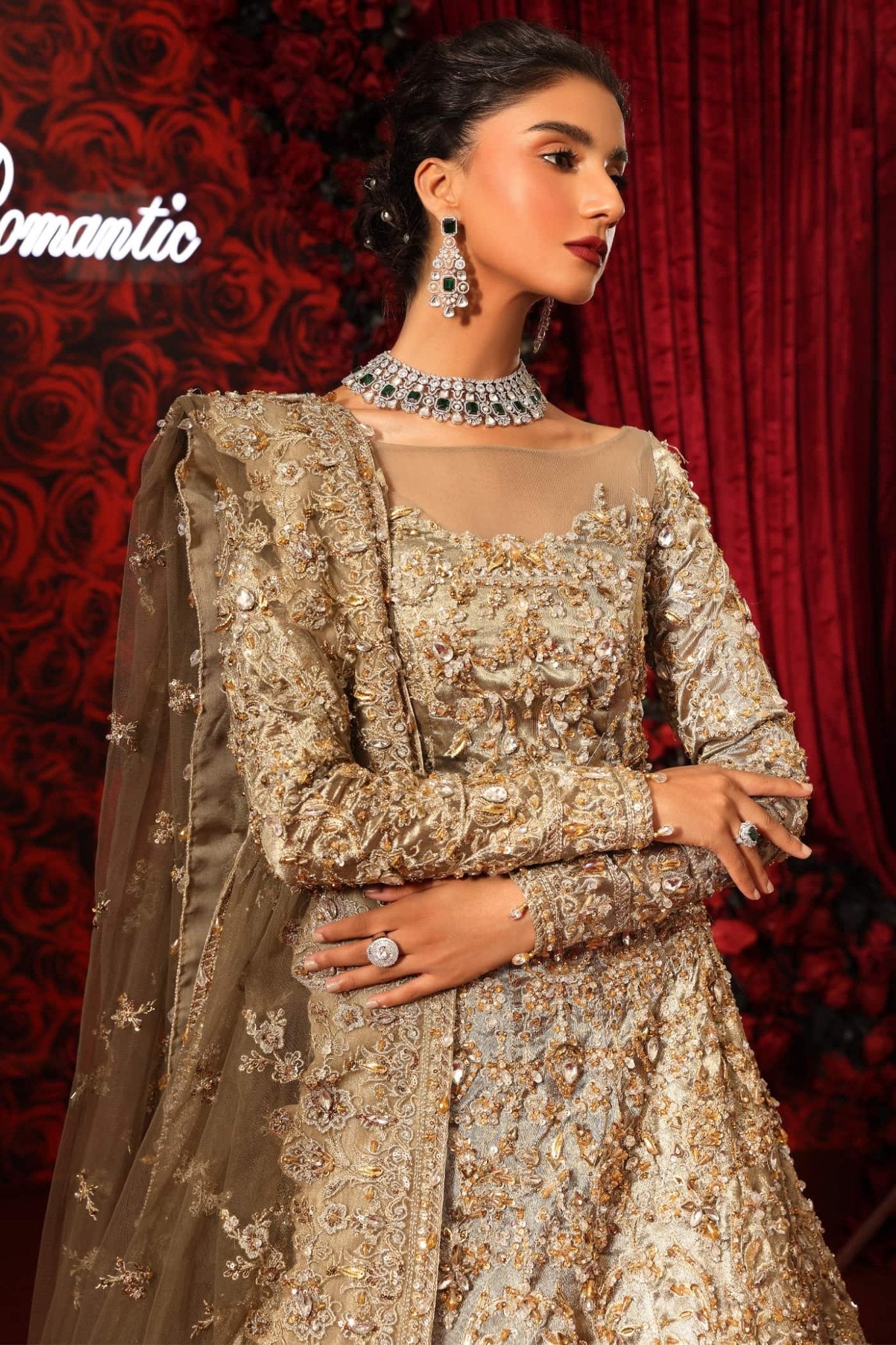 Model wearing Royal Symphony from Musferah Saad's Reckless Romantic in regal, bold colors. Pakistani clothes online in UK at Signature Labels