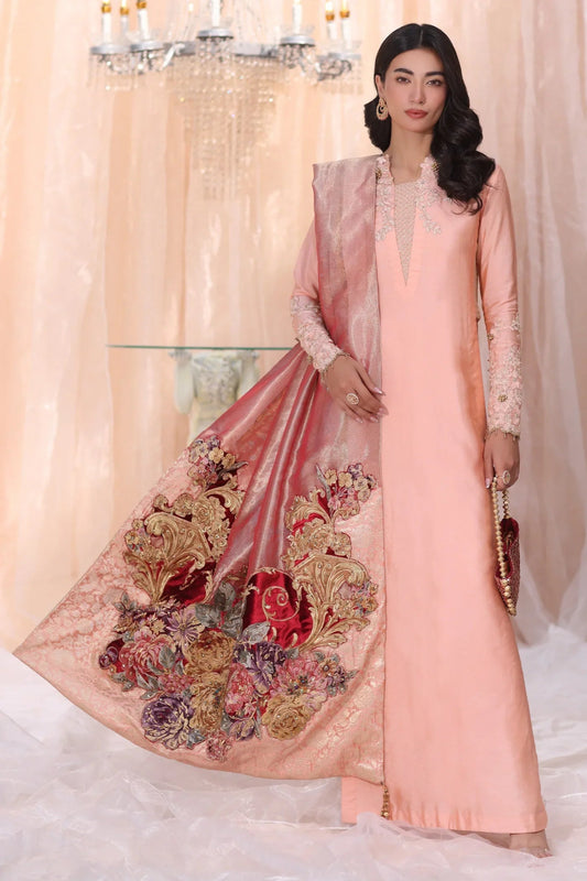 Model wearing Irish Rose from Musferah Saad's The Serenade collection in soft pink tones, ideal for weddings. Pakistani clothes online in UK at Signature Labels.