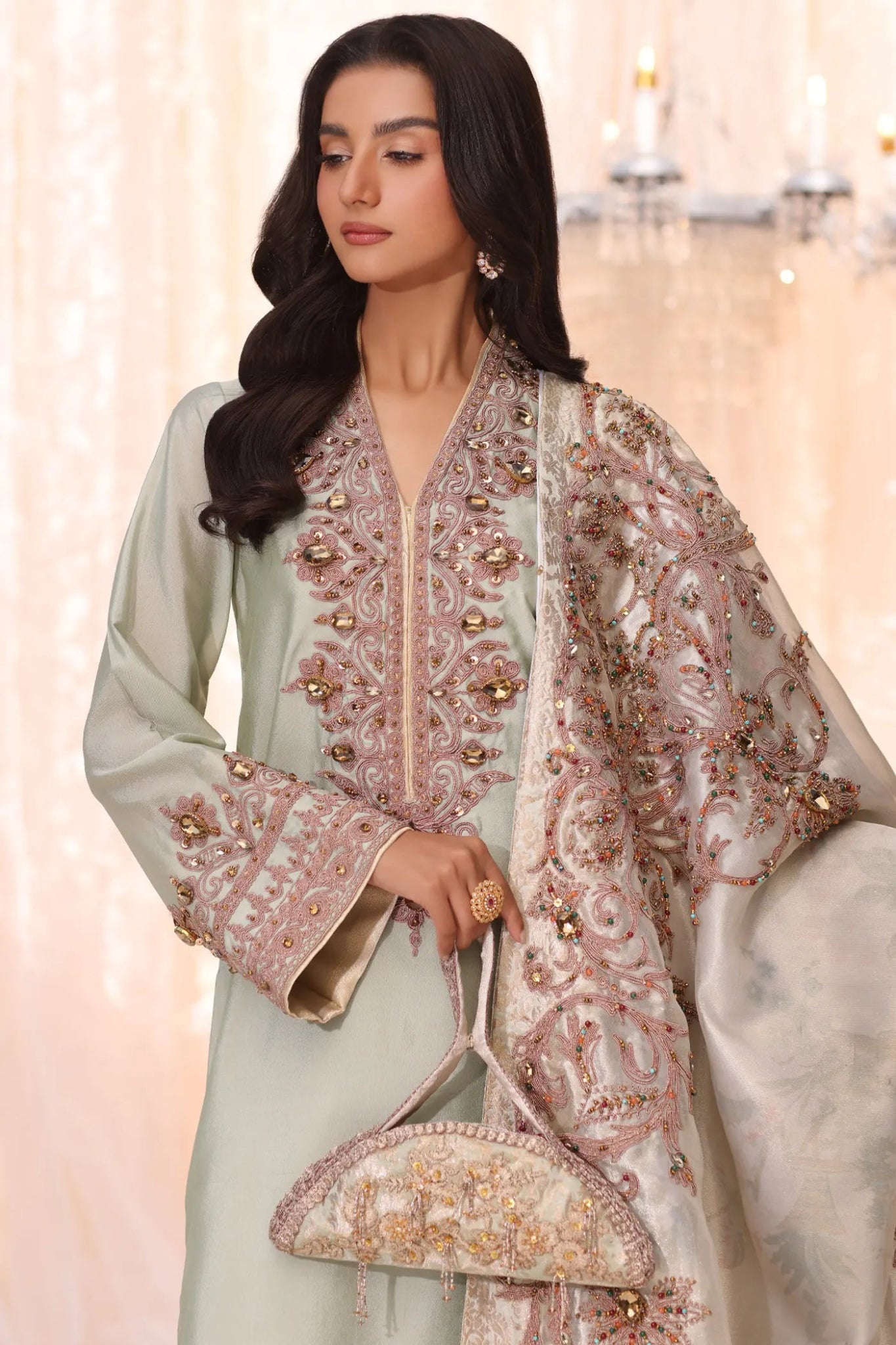 Model wearing Royal Divinity from Musferah Saad's The Serenade collection in royal blue, perfect for weddings. Pakistani clothes online in UK at Signature Labels.