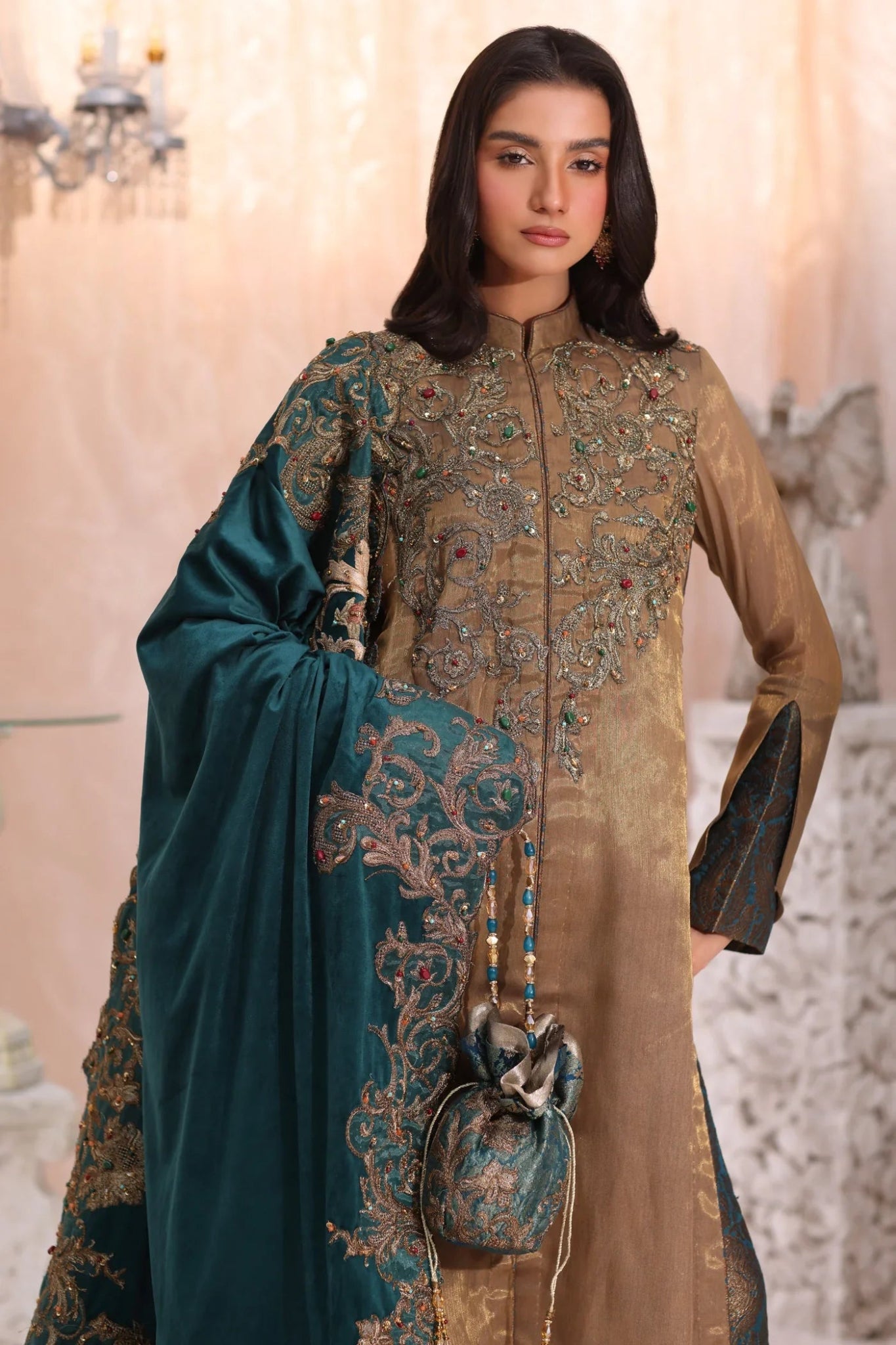 Model wearing Sovereign Grace from Musferah Saad's The Serenade collection in elegant colors, ideal for weddings. Pakistani clothes online in UK at Signature Labels.