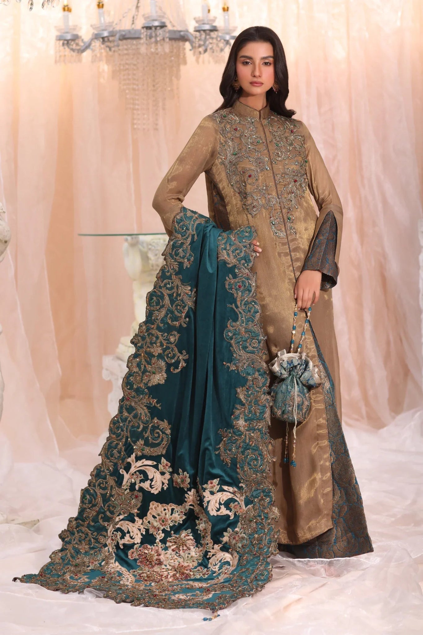 Model wearing Sovereign Grace from Musferah Saad's The Serenade collection in elegant colors, ideal for weddings. Pakistani clothes online in UK at Signature Labels.