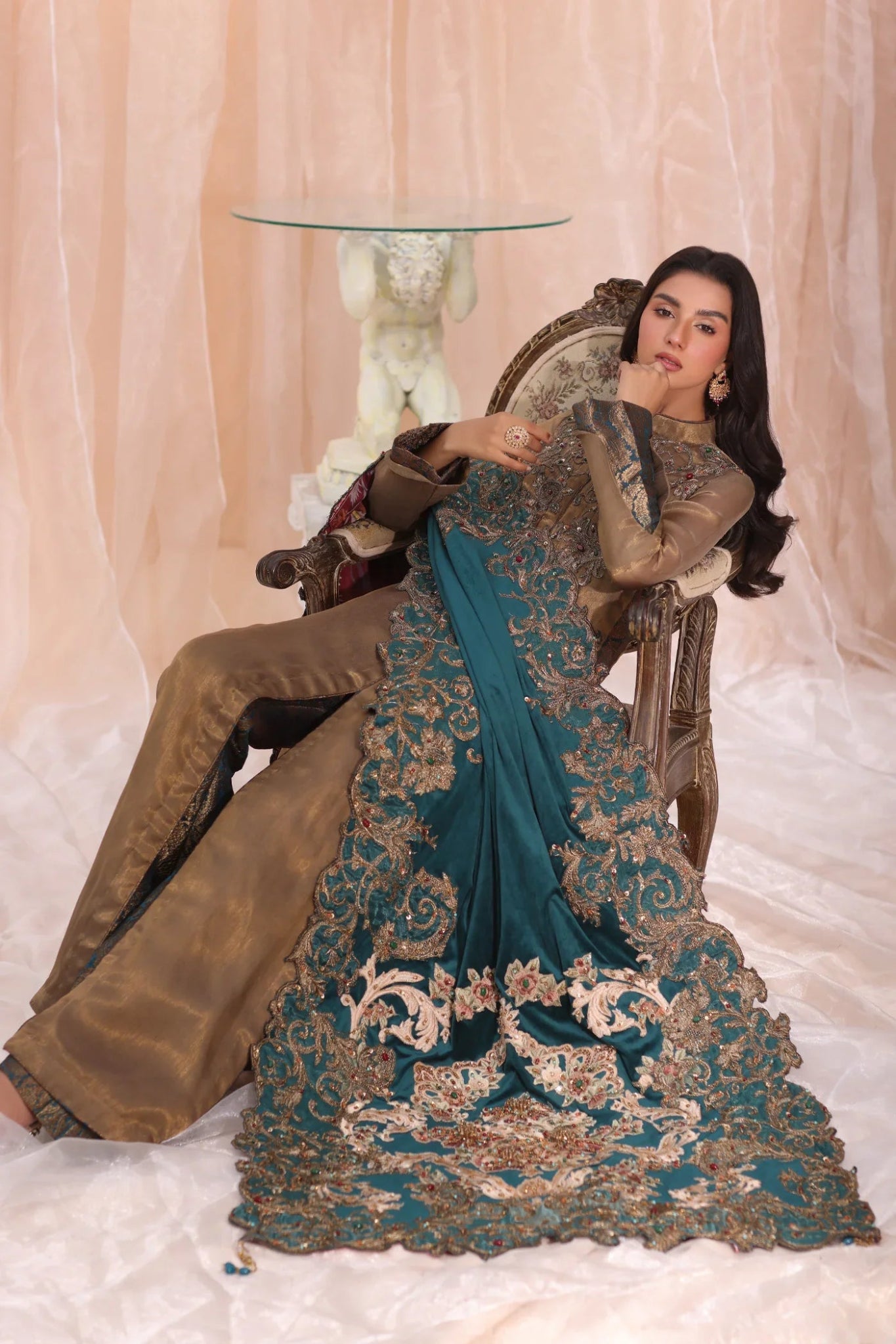 Model wearing Sovereign Grace from Musferah Saad's The Serenade collection in elegant colors, ideal for weddings. Pakistani clothes online in UK at Signature Labels.