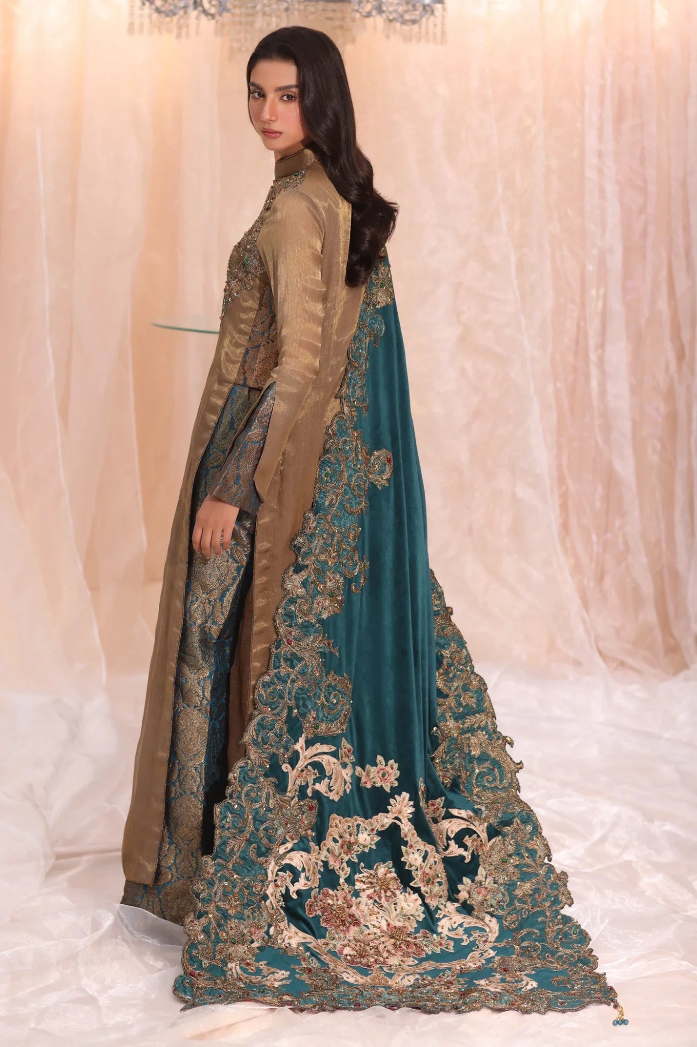 Model wearing Sovereign Grace from Musferah Saad's The Serenade collection in elegant colors, ideal for weddings. Pakistani clothes online in UK at Signature Labels.