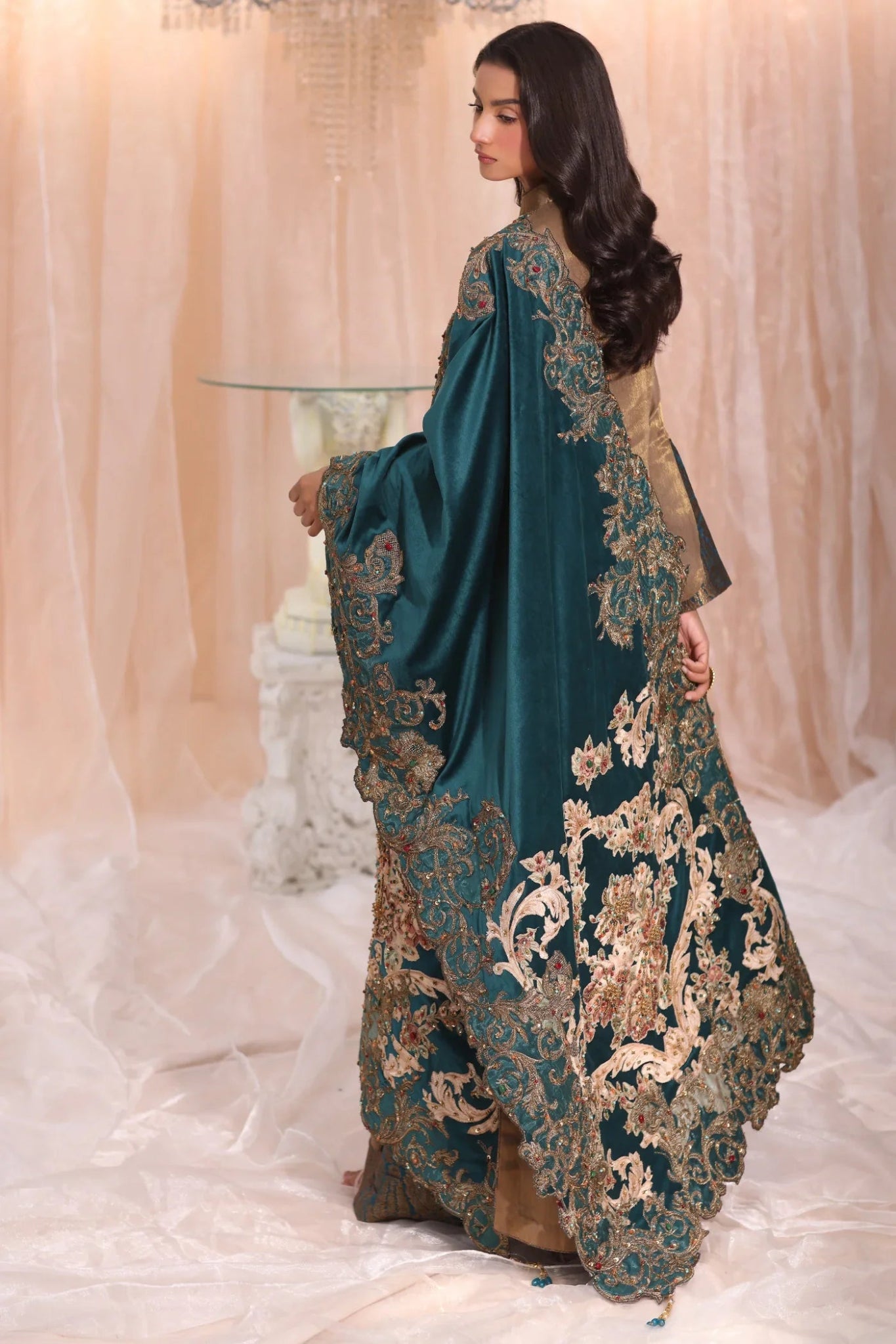 Model wearing Sovereign Grace from Musferah Saad's The Serenade collection in elegant colors, ideal for weddings. Pakistani clothes online in UK at Signature Labels.