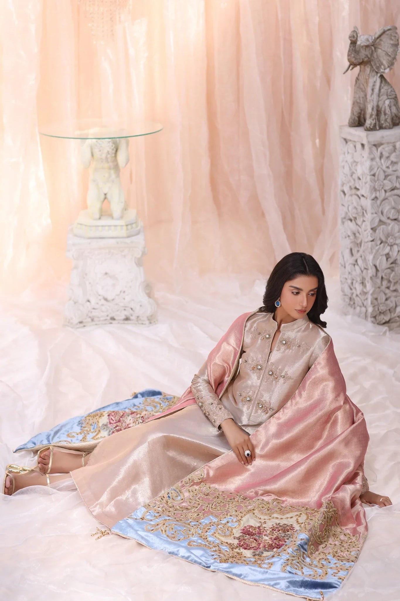 Model wearing The Queen's Tapestry from Musferah Saad's The Serenade collection in luxurious hues, perfect for weddings. Pakistani clothes online in UK at Signature Labels.