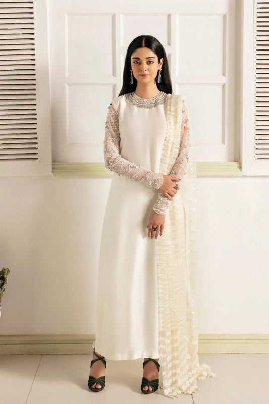 Model wearing VIVA LA VIDA's WHITE DAHLIA, an equisite mold by Musferah Saad UK, Pakistani Clothes UK.