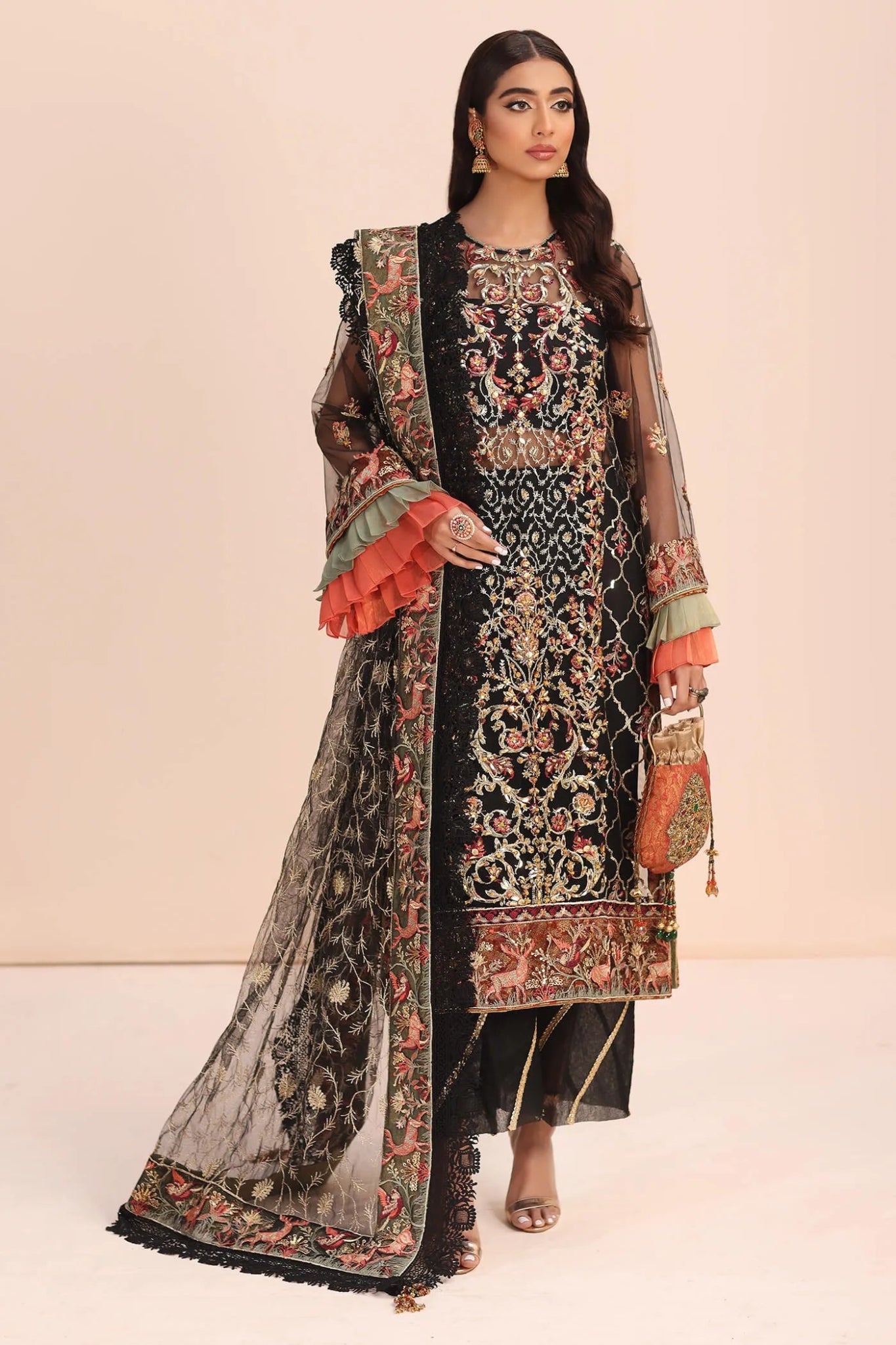 Model in Musferah Saad Empress Noir black Pakistani wedding dress, UK.