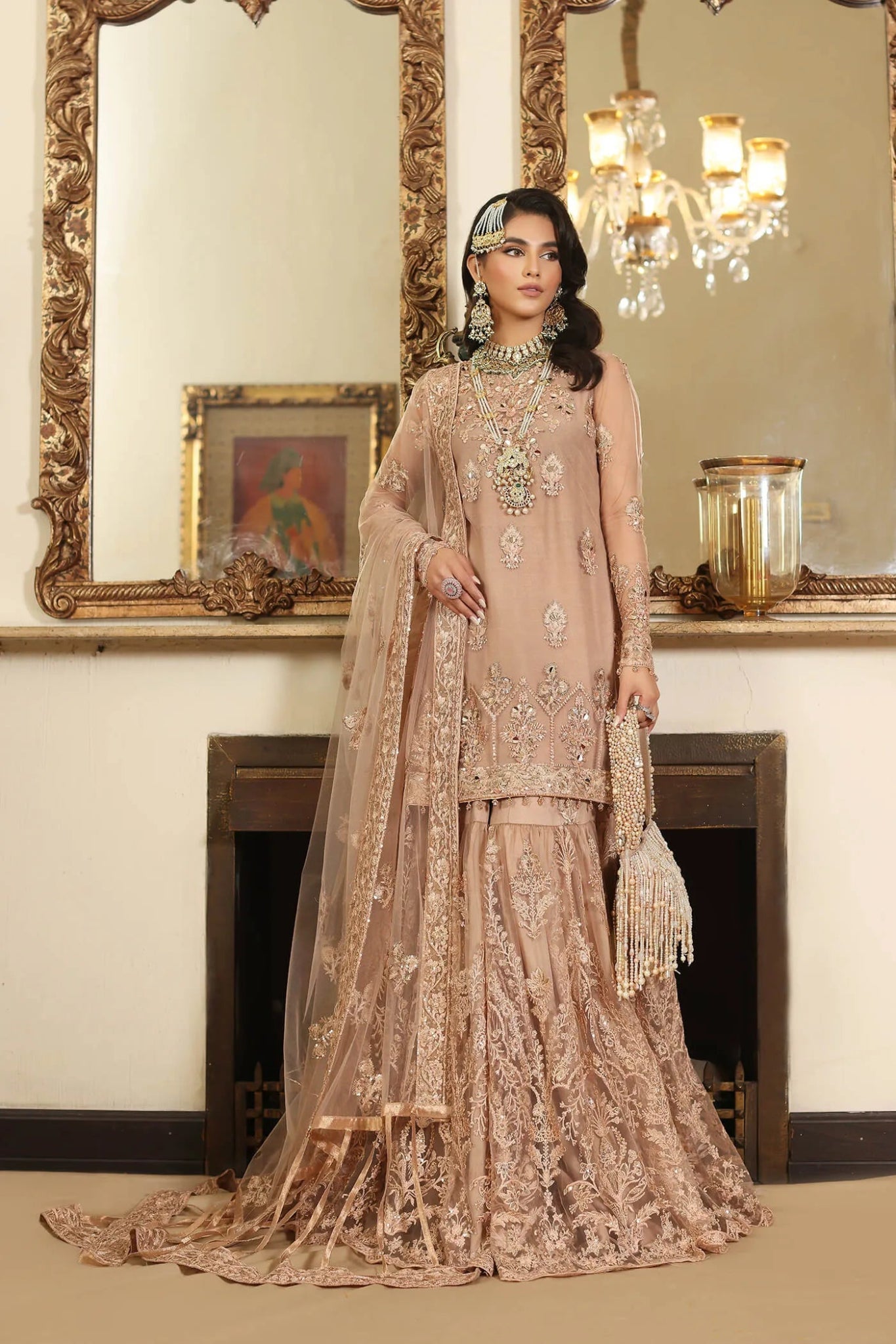 Model in Musferah Saad Radiant Rose soft pink Pakistani wedding dress, UK.