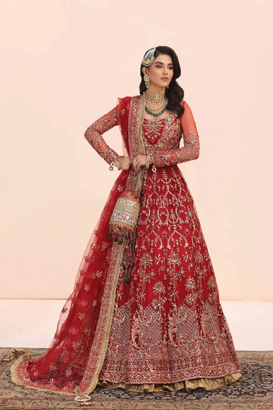 Model in Musferah Saad Crimson Jewel red Pakistani wedding dress, UK.
