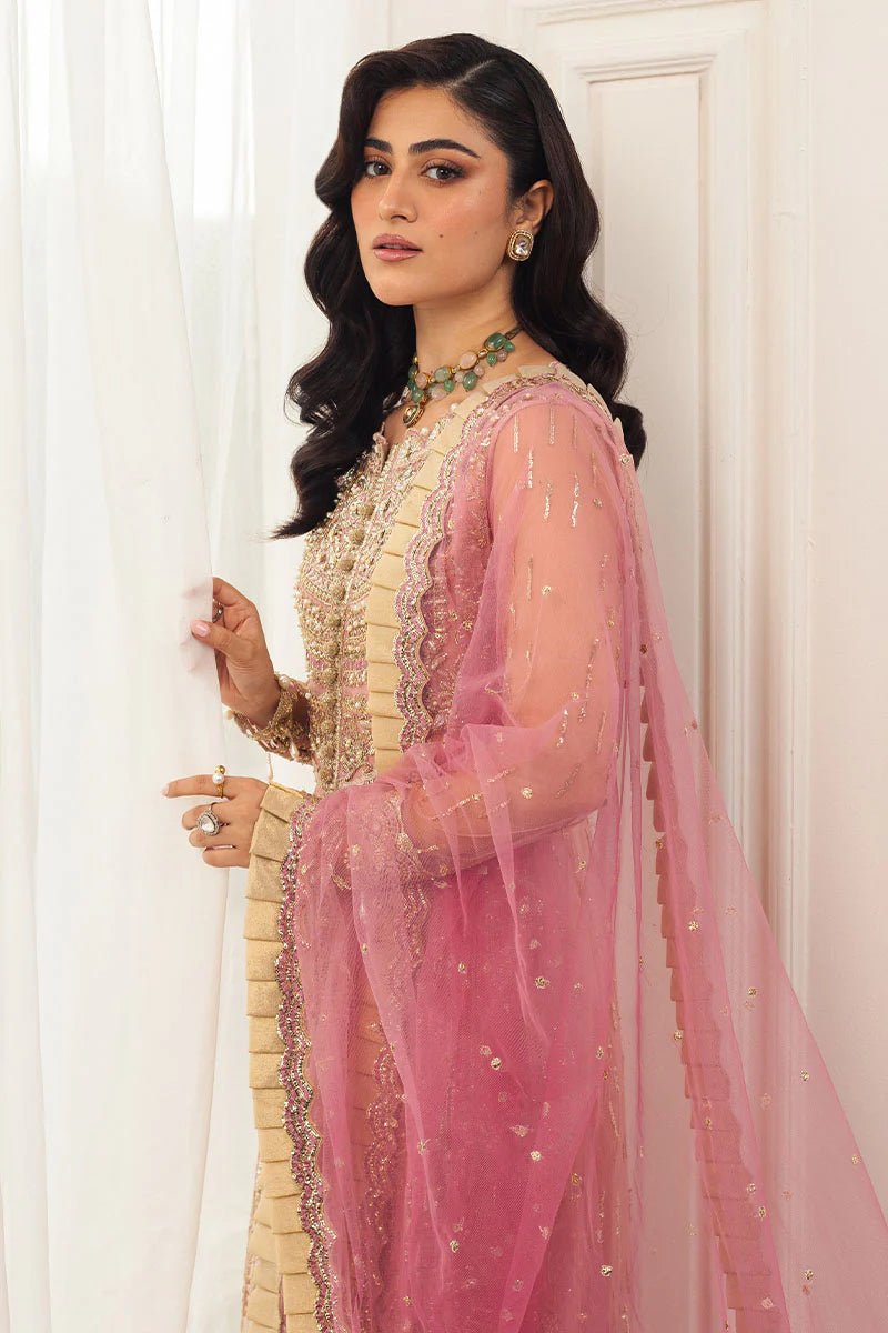 Model wearing a blush pink embellished formal wedding dress, "Amaranth," from Mushq. Pakistani wedding clothes online in the UK.