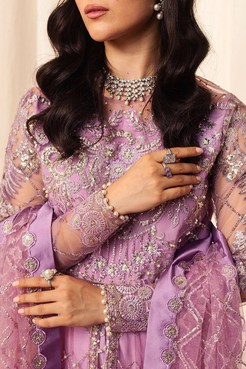 Model wearing a lavender embellished wedding formal dress, "Heather," from Mushq. Pakistani wedding clothes online in the UK.