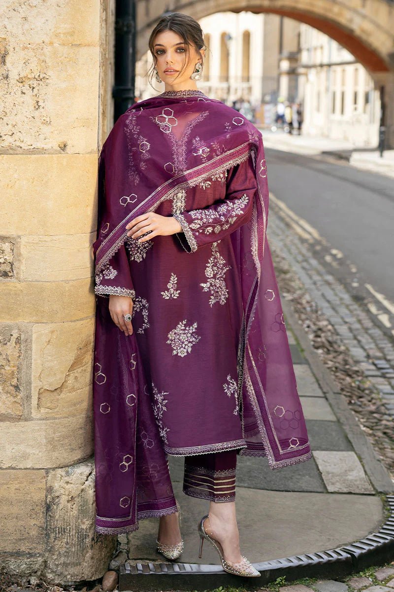 Model wearing Mushq | Celestine The Oxford Edit 24 | Cosmic Dusk, a purple dress with intricate silver embroidery. Perfect for wedding clothes and Pakistani clothes online in UK.