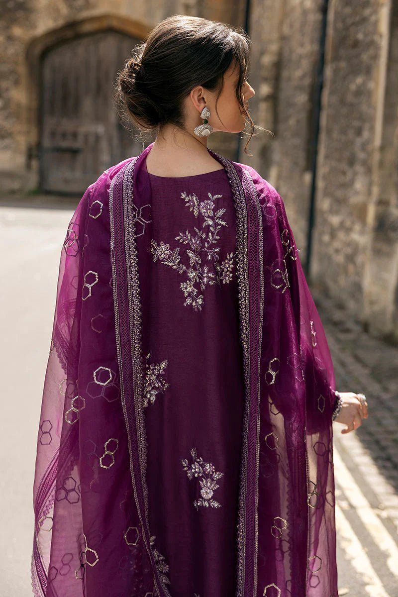 Model wearing Mushq | Celestine The Oxford Edit 24 | Cosmic Dusk, a purple dress with intricate silver embroidery. Perfect for wedding clothes and Pakistani clothes online in UK.