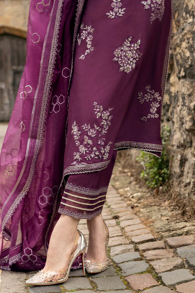 Model wearing Mushq | Celestine The Oxford Edit 24 | Cosmic Dusk, a purple dress with intricate silver embroidery. Perfect for wedding clothes and Pakistani clothes online in UK.