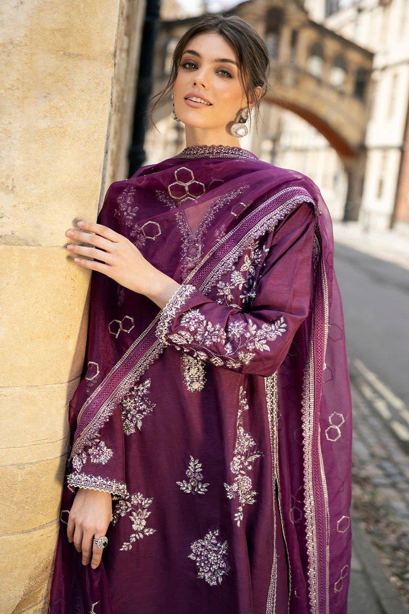 Model wearing Mushq | Celestine The Oxford Edit 24 | Cosmic Dusk, a purple dress with intricate silver embroidery. Perfect for wedding clothes and Pakistani clothes online in UK.