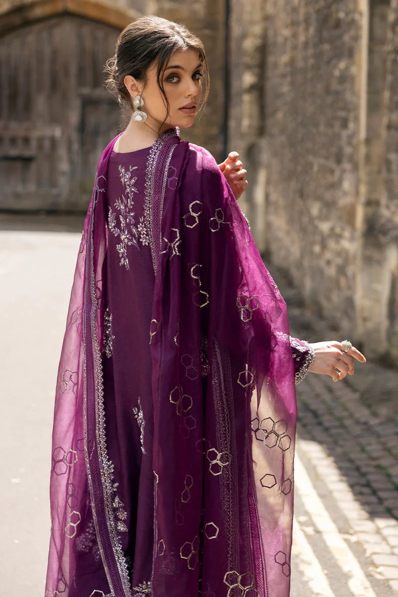 Model wearing Mushq | Celestine The Oxford Edit 24 | Cosmic Dusk, a purple dress with intricate silver embroidery. Perfect for wedding clothes and Pakistani clothes online in UK.