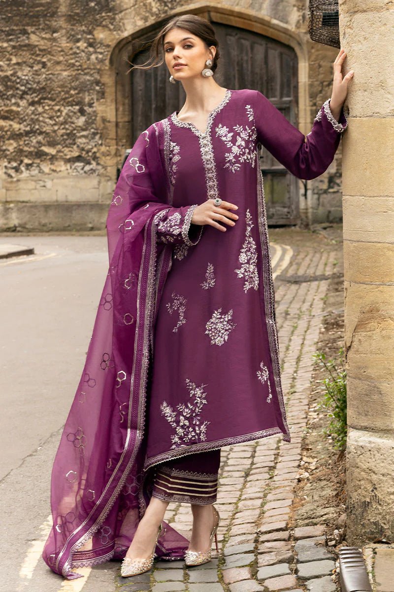 Model wearing Mushq | Celestine The Oxford Edit 24 | Cosmic Dusk, a purple dress with intricate silver embroidery. Perfect for wedding clothes and Pakistani clothes online in UK.