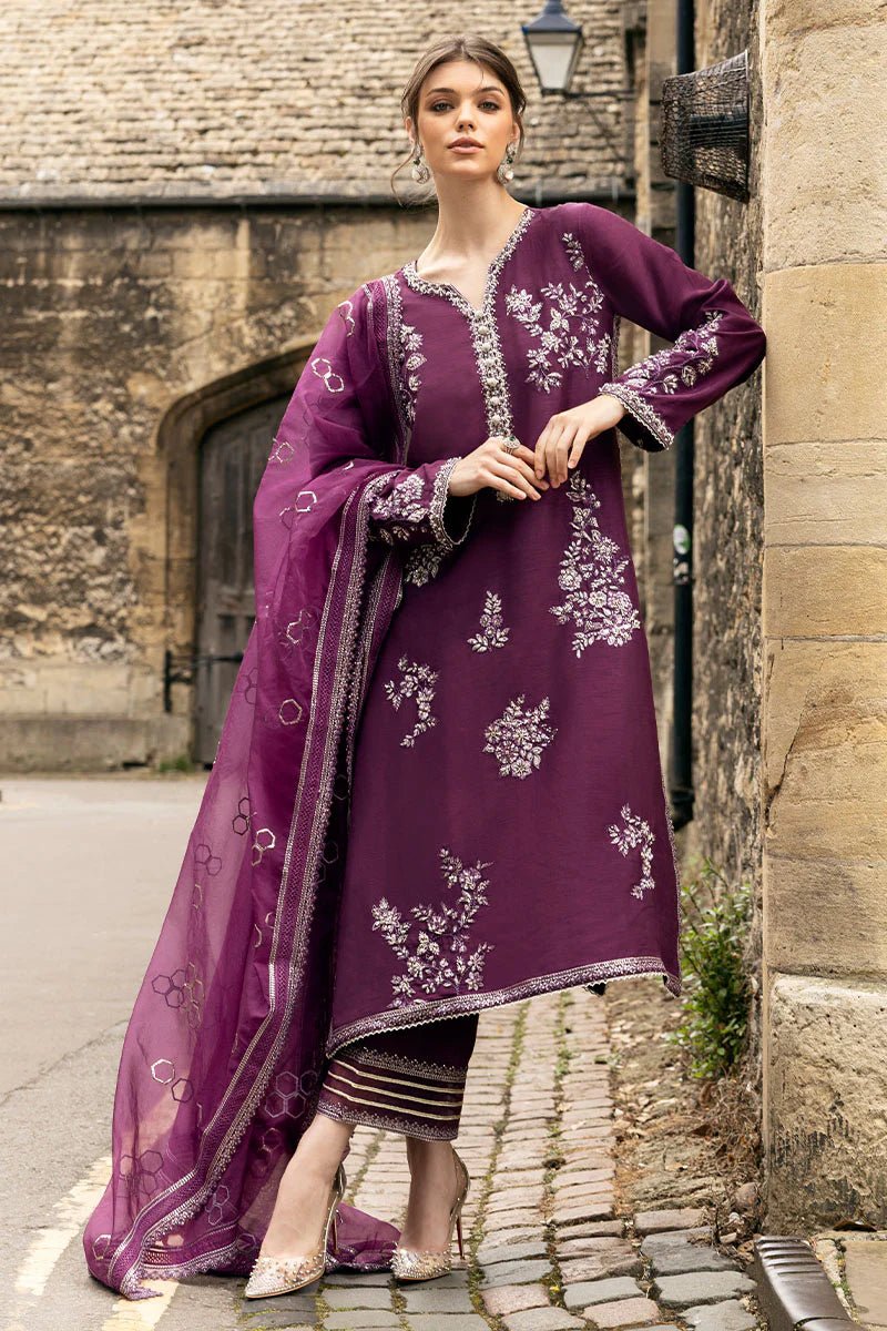 Model wearing Mushq | Celestine The Oxford Edit 24 | Cosmic Dusk, a purple dress with intricate silver embroidery. Perfect for wedding clothes and Pakistani clothes online in UK.