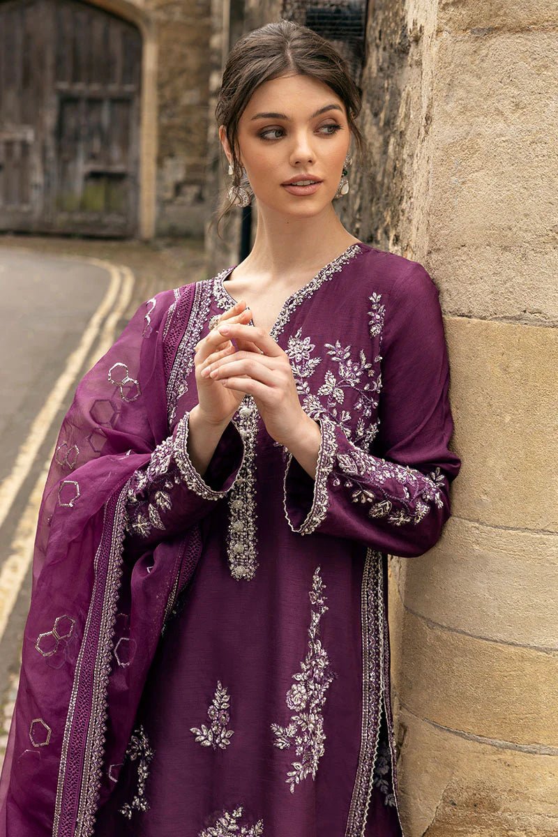 Model wearing Mushq | Celestine The Oxford Edit 24 | Cosmic Dusk, a purple dress with intricate silver embroidery. Perfect for wedding clothes and Pakistani clothes online in UK.