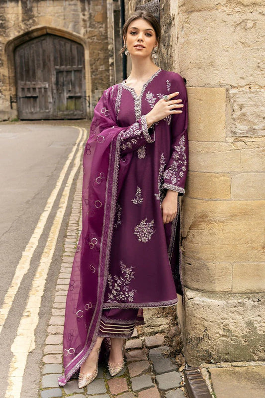 Model wearing Mushq | Celestine The Oxford Edit 24 | Cosmic Dusk, a purple dress with intricate silver embroidery. Perfect for wedding clothes and Pakistani clothes online in UK.