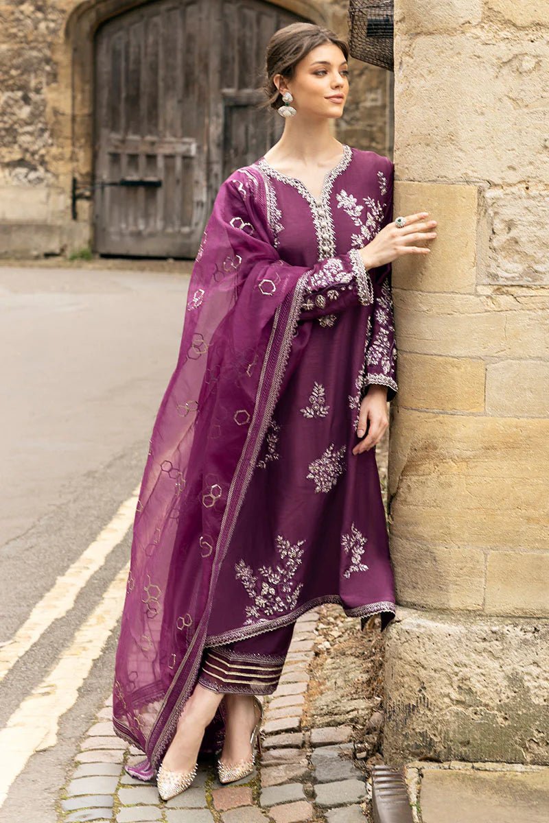 Model wearing Mushq | Celestine The Oxford Edit 24 | Cosmic Dusk, a purple dress with intricate silver embroidery. Perfect for wedding clothes and Pakistani clothes online in UK.