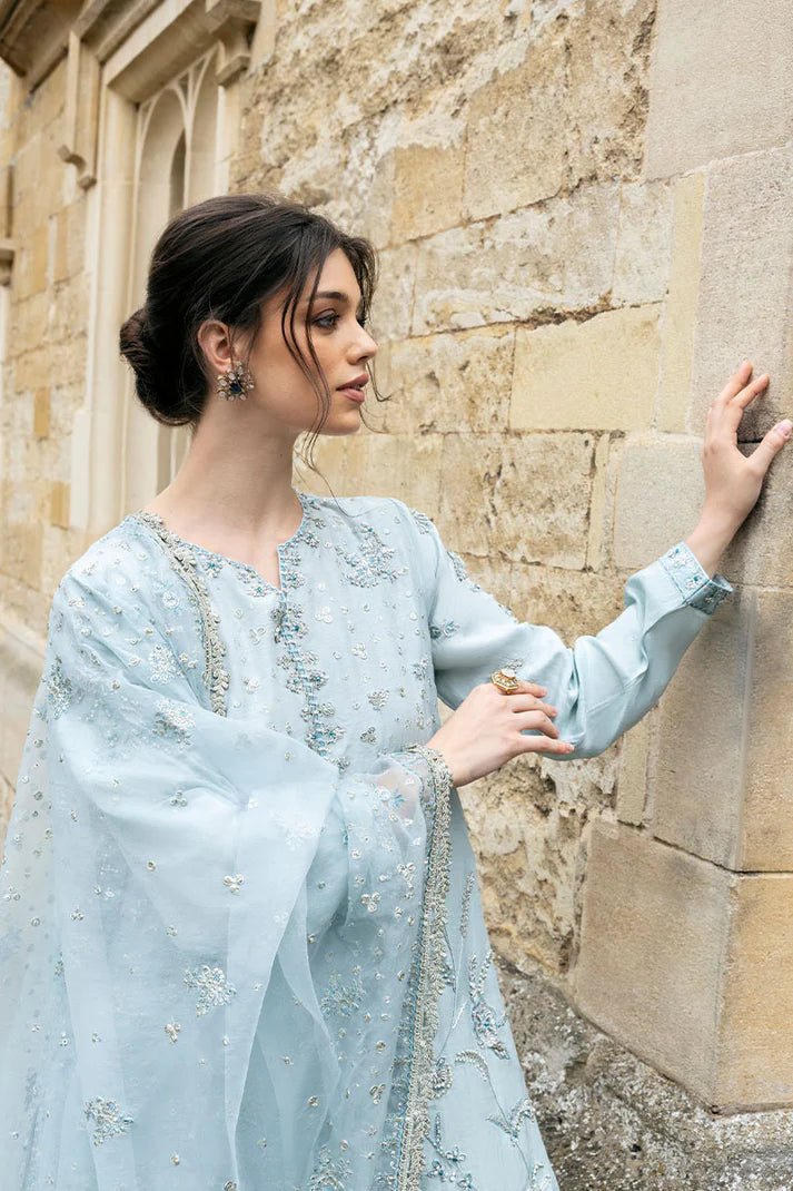 Model wearing Mushq Heavenly Breeze light blue dress from Celestine The Oxford Edit 24. Ideal for Pakistani clothes online in the UK and wedding clothes.