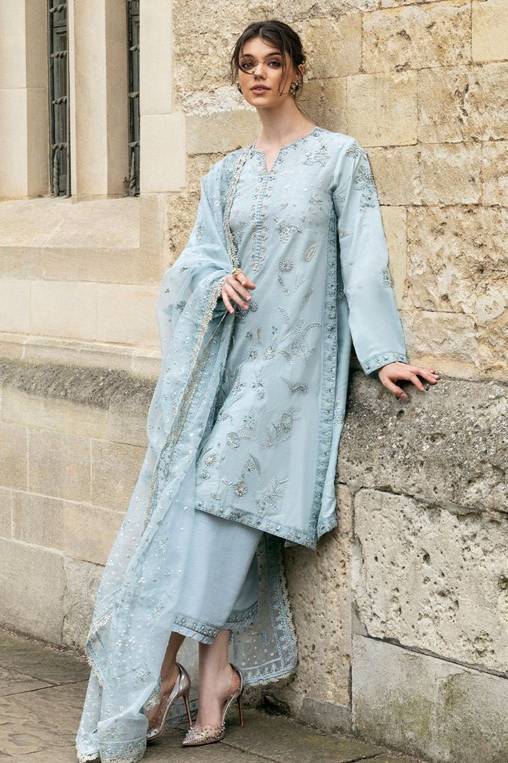 Model wearing Mushq Heavenly Breeze light blue dress from Celestine The Oxford Edit 24. Ideal for Pakistani clothes online in the UK and wedding clothes.