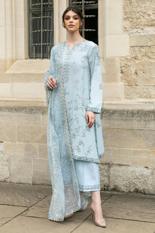 Model wearing Mushq Heavenly Breeze light blue dress from Celestine The Oxford Edit 24. Ideal for Pakistani clothes online in the UK and wedding clothes.