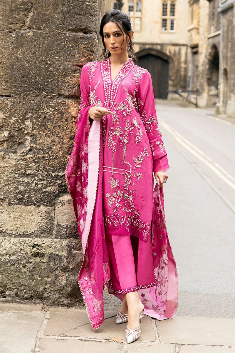 Model wearing a bright pink Oxford Whisper dress from Mushq, part of Celestine The Oxford Edit 24. Perfect Pakistani wedding clothes.