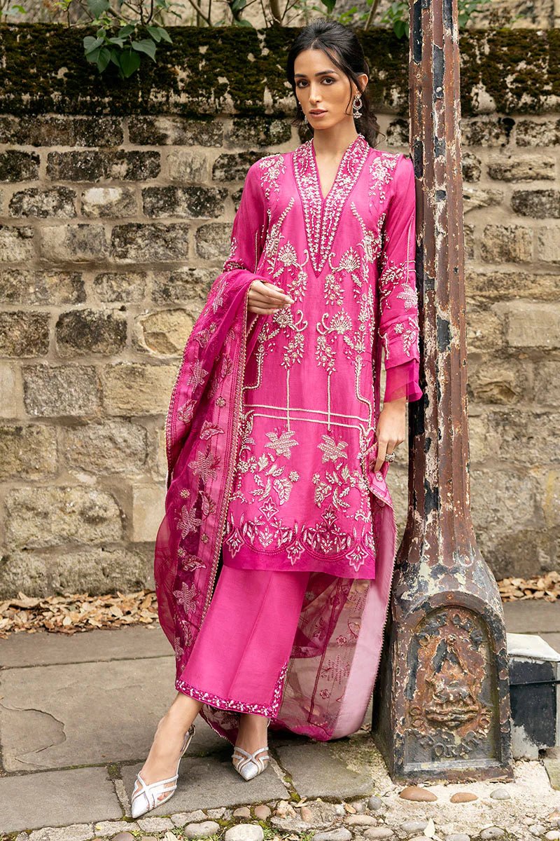 Model wearing a bright pink Oxford Whisper dress from Mushq, part of Celestine The Oxford Edit 24. Perfect Pakistani wedding clothes.