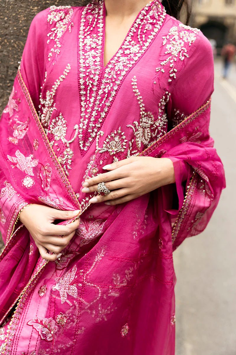 Model wearing a bright pink Oxford Whisper dress from Mushq, part of Celestine The Oxford Edit 24. Perfect Pakistani wedding clothes.