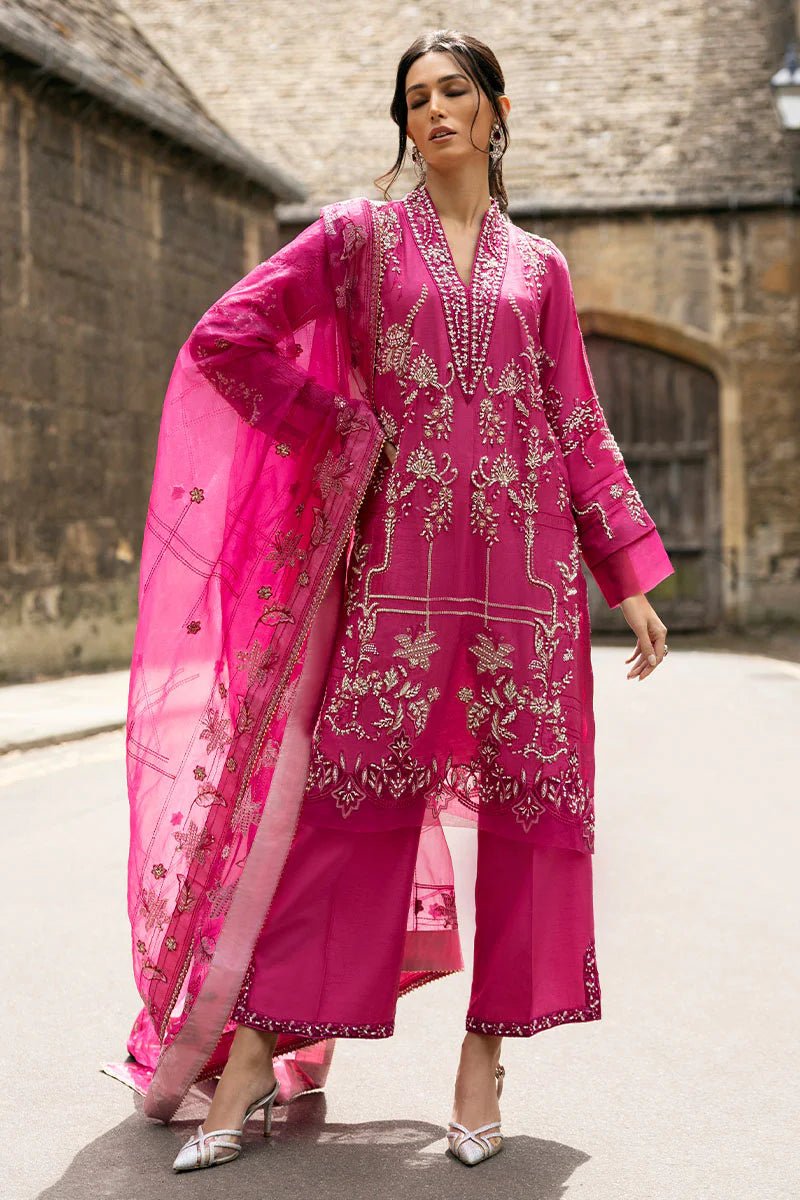 Model wearing a bright pink Oxford Whisper dress from Mushq, part of Celestine The Oxford Edit 24. Perfect Pakistani wedding clothes.